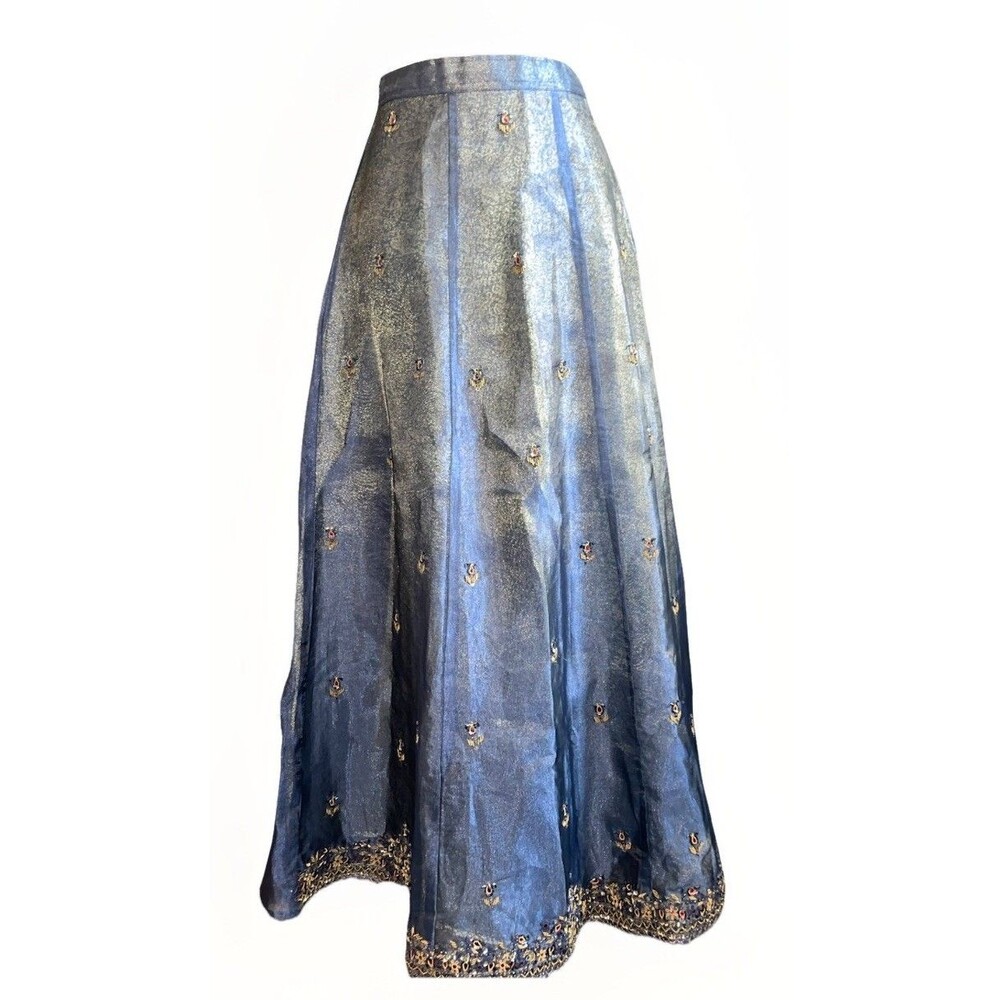 Navy Indian Lehenga Skirt Tissue Organza Hand Embroidered Gold Zari M/L